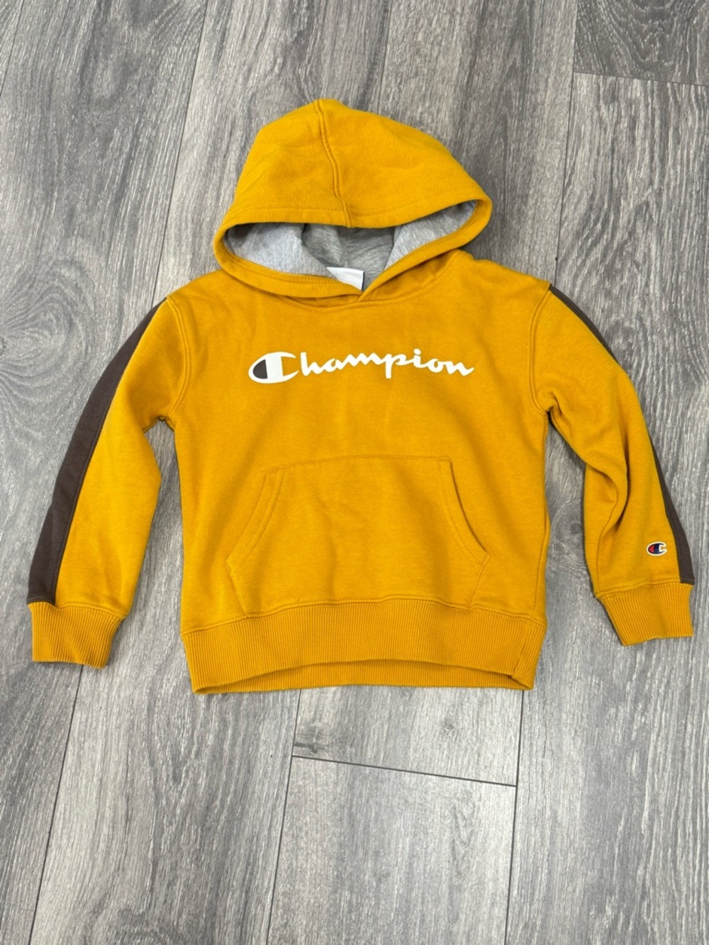Champion Kids' Mustard Yellow Hoodie with Brown Sleeve Stripe